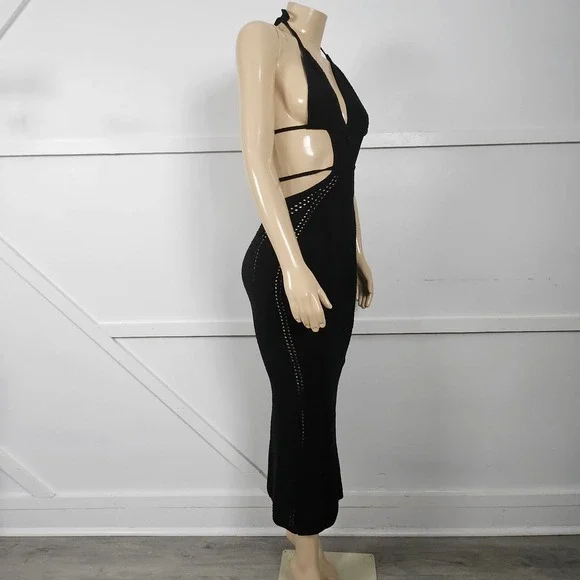 Babyboo Arabella Black Crochet Knit Halter Midi Dress Side Cutouts Women Small - Picture 6 of 11